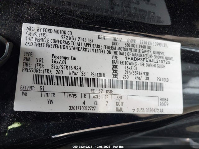 1FADP3FE9JL210720 Ford FOCUS SE
