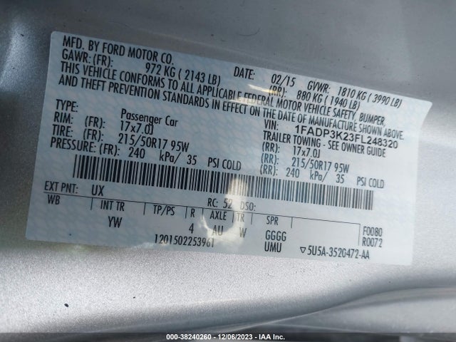 Ford FOCUS SE 2015 1FADP3K23FL248320 Image 9