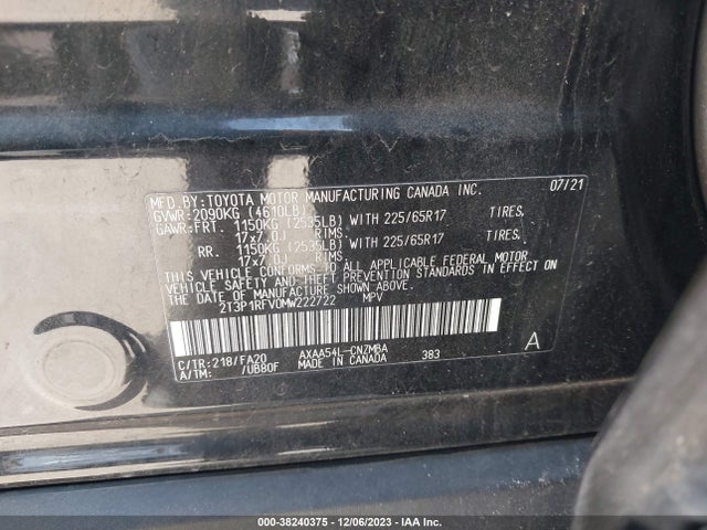 2021 TOYOTA RAV4 XLE VIN: 2T3P1RFV0MW222722
