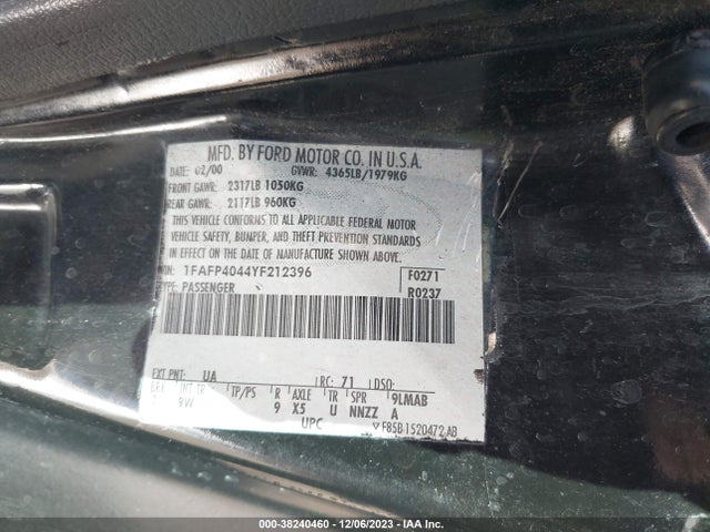2000 FORD MUSTANG VIN: 1FAFP4044YF212396