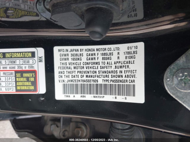 2010 HONDA INSIGHT EX VIN: JHMZE2H78AS027926