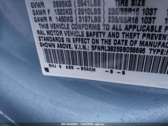 38240553 :رقم المزاد ، 5FNRL38259B056696 vin ، 2009 Honda Odyssey Lx مزاد بيع