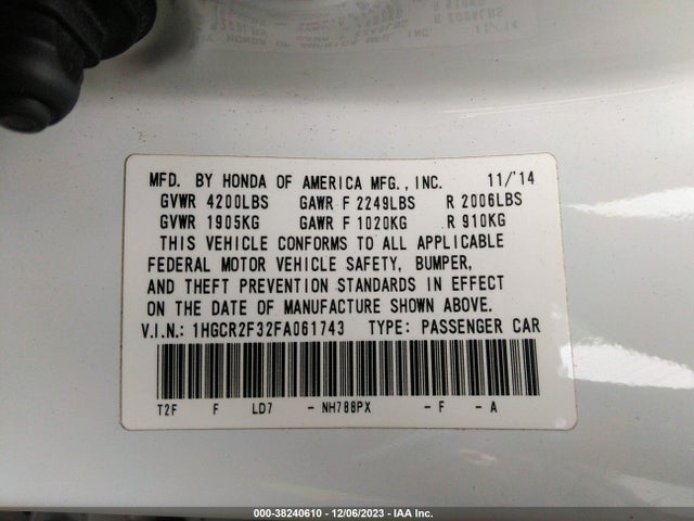 Honda ACCORD LX 2015 1HGCR2F32FA061743 Image 9