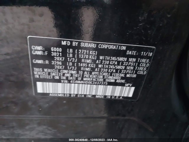 2019 SUBARU ASCENT PREMIUM VIN: 4S4WMAHD0K3437375