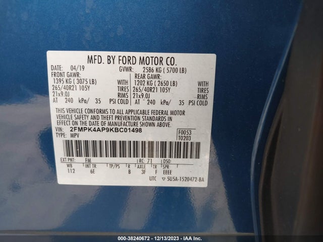 2019 FORD EDGE ST VIN: 2FMPK4AP9KBC01498