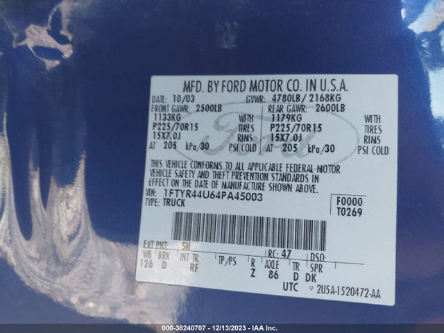 2004 FORD RANGER SUPER CAB VIN: 1FTYR44UX4PA45003