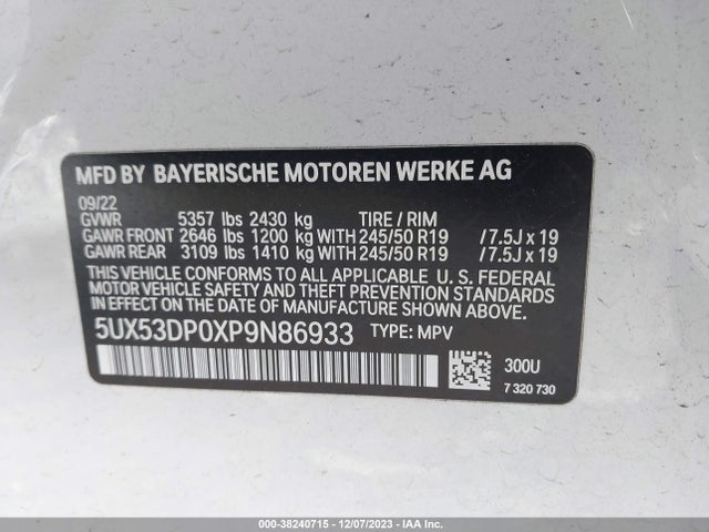 2023 BMW X3 XDRIVE30I VIN: 5UX53DP0XP9N86933
