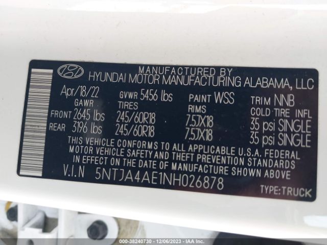 5NTJA4AE1NH026878 Hyundai Santa Cruz Se