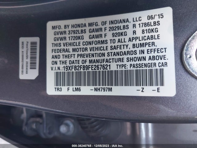 Honda CIVIC EX 2015 19XFB2F89FE267621 Image 9