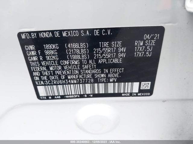 2021 HONDA HR-V LX VIN: 3CZRU6H34MM737728