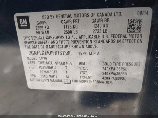 Chevrolet Equinox 2lt 2015 2GNFLGEK0F6161380 Image 9