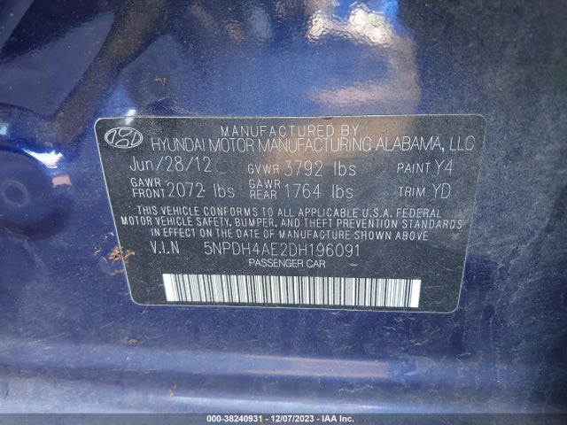 2013 HYUNDAI ELANTRA GLS VIN: 5NPDH4AE2DH196091