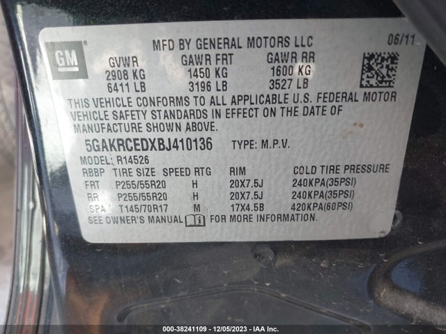 2011 BUICK ENCLAVE CXL-2 VIN: 5GAKRCEDXBJ410136
