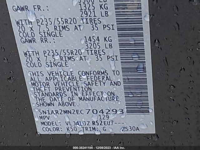 5N1AR2MN2EC704293 Nissan Pathfinder Platinum