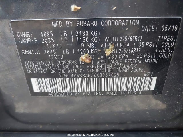 2019 SUBARU OUTBACK 2.5I PREMIUM VIN: 4S4BSAHC6K3357025