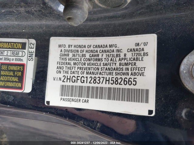 2007 HONDA CIVIC EX VIN: 2HGFG12837H582665