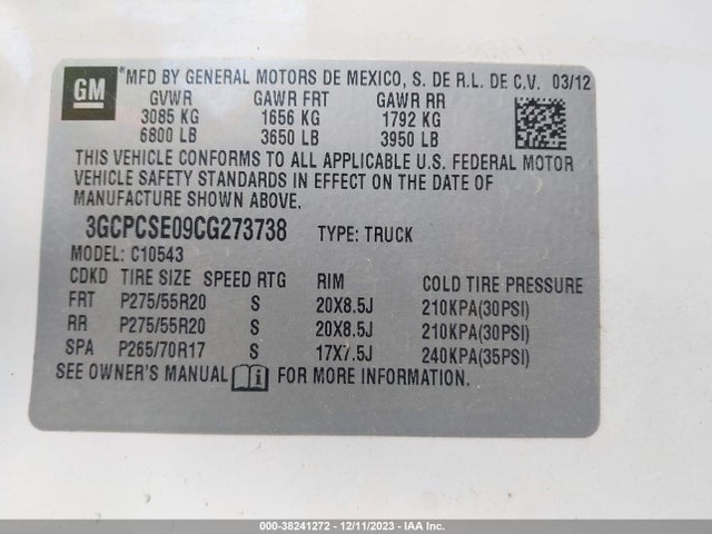 2012 CHEVROLET SILVERADO 1500 LT VIN: 3GCPCSE09CG273738