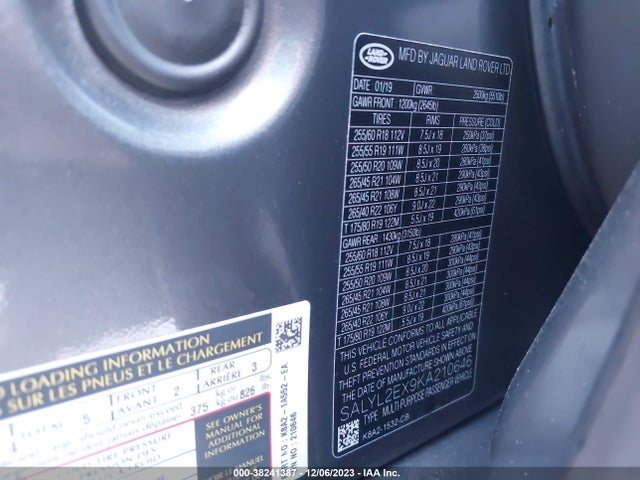 SALYL2EX9KA210646 Land Rover Range Rover Velar P250 R-dynamic Se