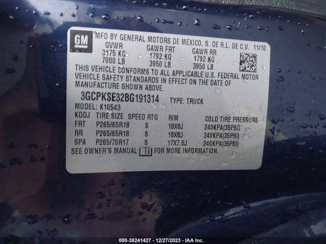2011 CHEVROLET SILVERADO 1500 LT VIN: 3GCPKSE32BG191314