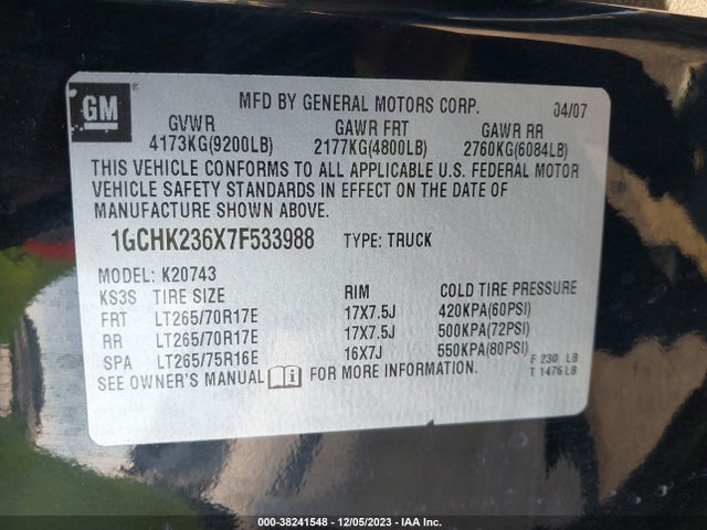 2007 CHEVROLET SILVERADO 2500HD LTZ VIN: 1GCHK236X7F533988