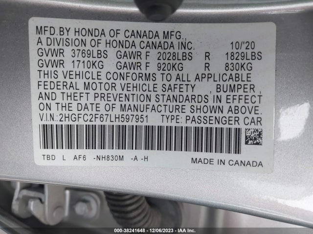 2020 HONDA CIVIC LX VIN: 2HGFC2F67LH597951