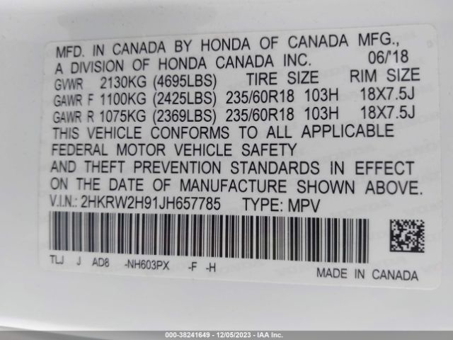 2HKRW2H91JH657785 Honda Cr-v Touring