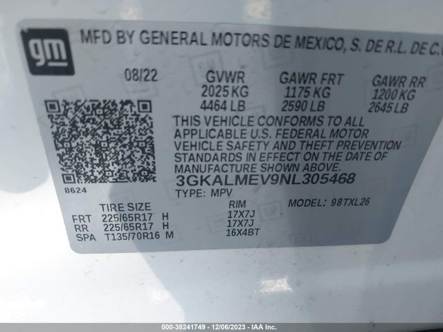 3GKALMEV9NL305468 GMC Terrain Fwd Sle