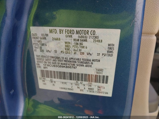 2009 FORD ESCAPE XLT VIN: 1FMCU93G59KB95797