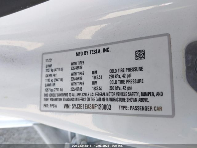 2022 TESLA MODEL 3 5YJ3E1EA3NF120003 Photo 8