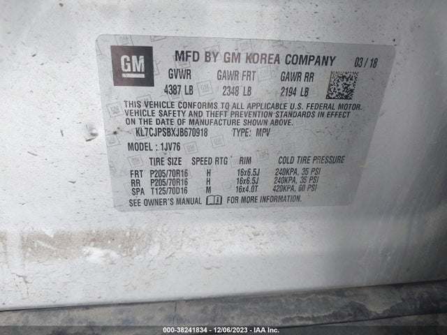 Chevrolet Trax Lt 2018 KL7CJPSBXJB670918 Image 9