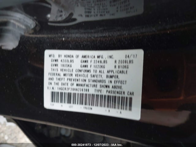 Honda ACCORD LX 2017 1HGCR2F39HA206389 Image 9