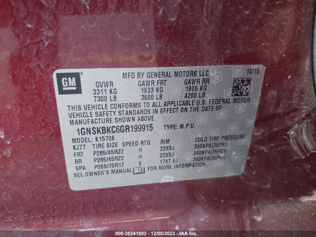 Chevrolet Tahoe Lt 2016 1GNSKBKC6GR199915 Image 9
