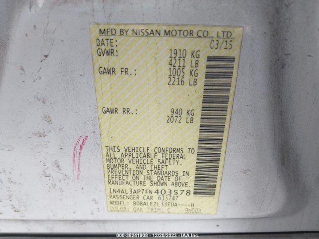 Nissan Altima 2.5 S 2015 1N4AL3AP7FN403578 Image 9