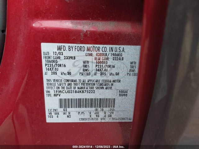 2004 FORD ESCAPE XLT VIN: 1FMCU03184KB75222