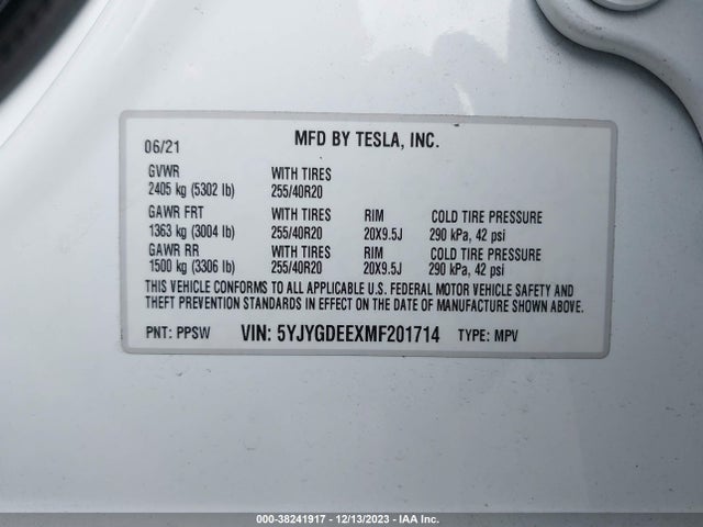2021 TESLA MODEL Y 5YJYGDEEXMF201714 Photo 8