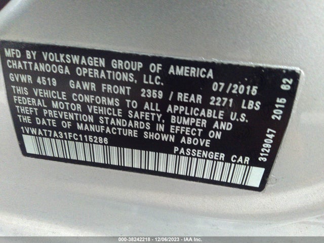 2015 VOLKSWAGEN PASSAT 1.8T LIMITED EDITION VIN: 1VWAT7A31FC115286