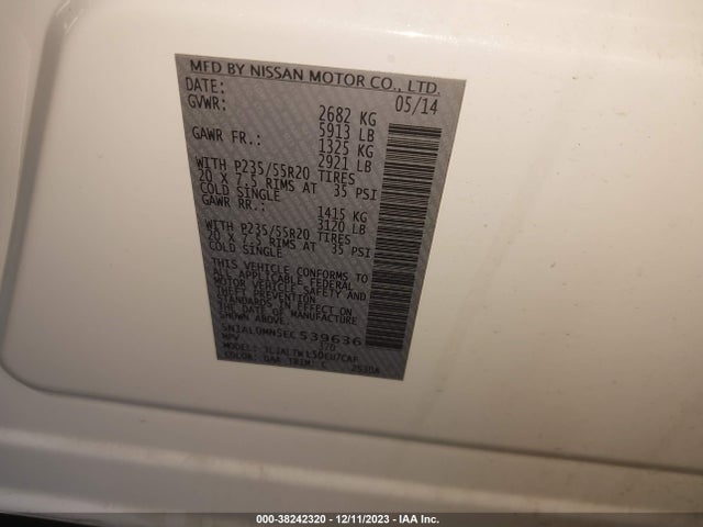Aukcja sprzedaży 2014 Infiniti Qx60, vin: 5N1AL0MN5EC539636, numer aukcji: 38242320