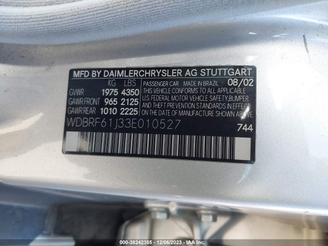 2003 MERCEDES-BENZ C-CLASS 2.6L VIN: WDBRF61J33E010527