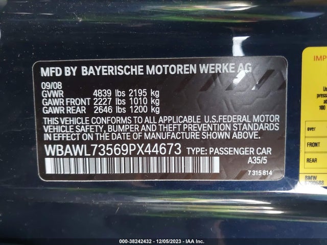 2009 BMW 335I VIN: WBAWL73569PX44673