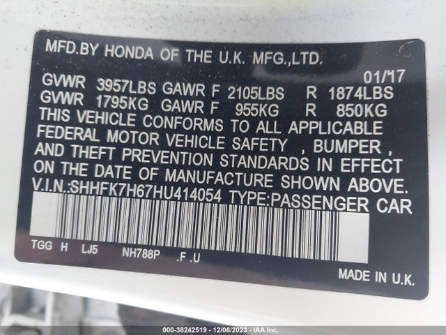 Honda CIVIC EX 2017 SHHFK7H67HU414054 Image 9