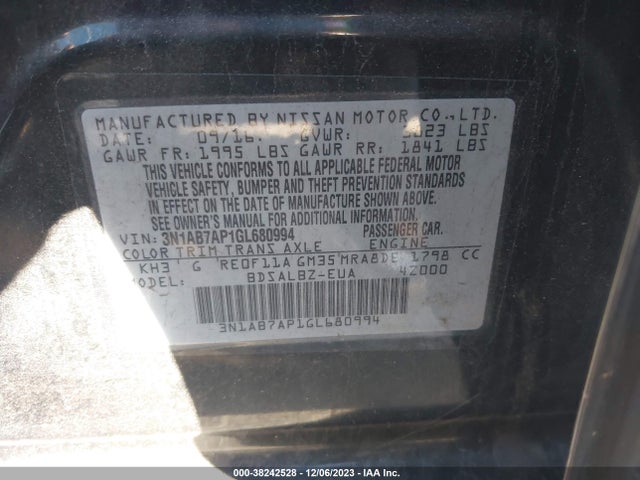 2016 NISSAN SENTRA S VIN: 3N1AB7AP1GL680994