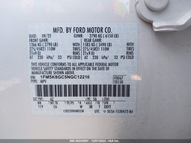 2022 FORD EXPLORER ST VIN: 1FM5K8GC5NGC12210