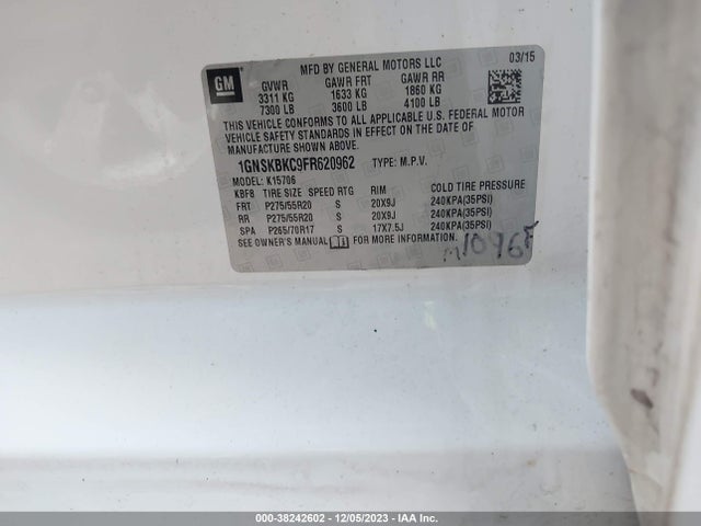 Chevrolet Tahoe Lt 2015 1GNSKBKC9FR620962 Image 9
