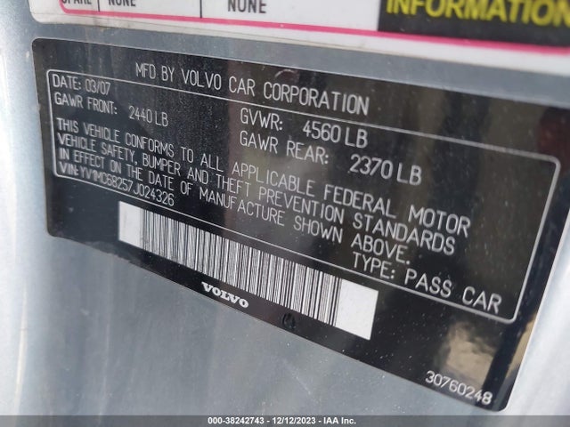 2007 VOLVO C70 T5 VIN: YV1MC68257J024326