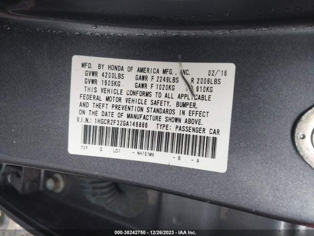 Honda ACCORD LX 2016 1HGCR2F32GA149886 Image 9