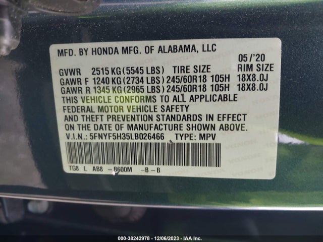Honda Pilot 2wd Ex 2020 5FNYF5H35LB026466 Image 9
