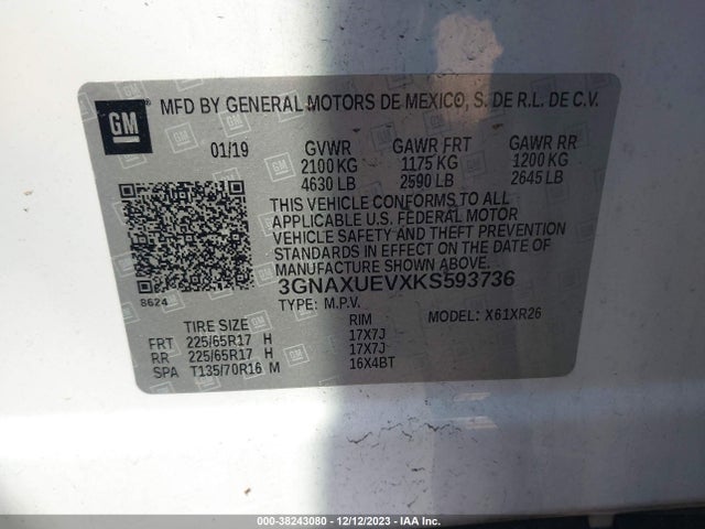3GNAXUEVXKS593736 Chevrolet EQUINOX LT