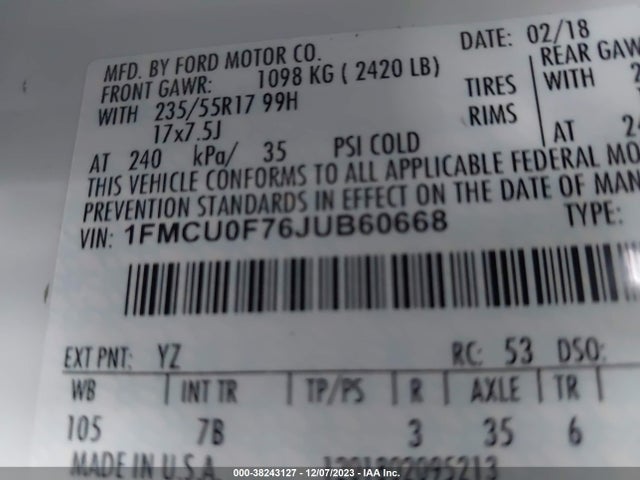 Ford ESCAPE S 2018 1FMCU0F76JUB60668 Image 9