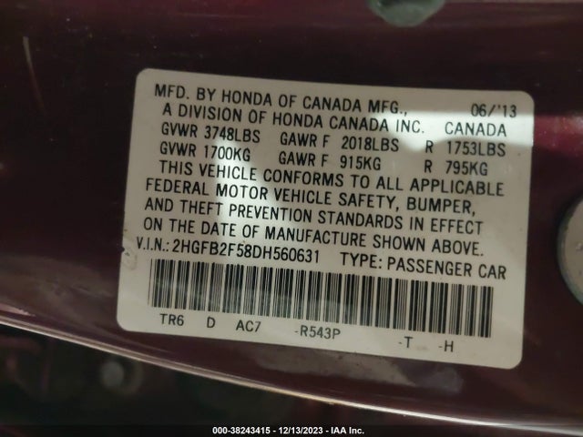 2013 HONDA CIVIC LX VIN: 2HGFB2F58DH560631