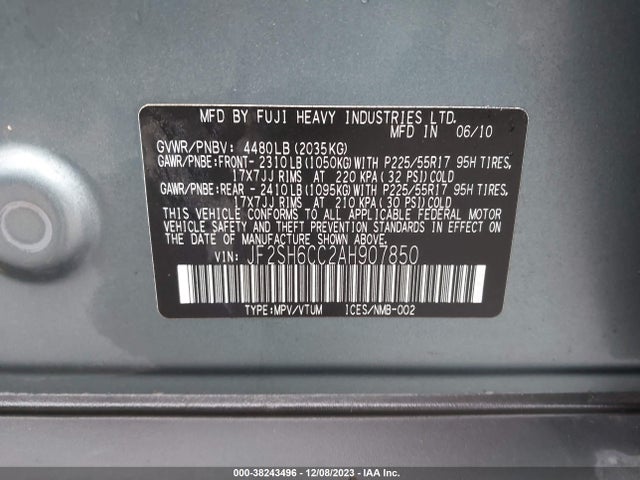 2010 SUBARU FORESTER 2.5X PREMIUM VIN: JF2SH6CC2AH907850